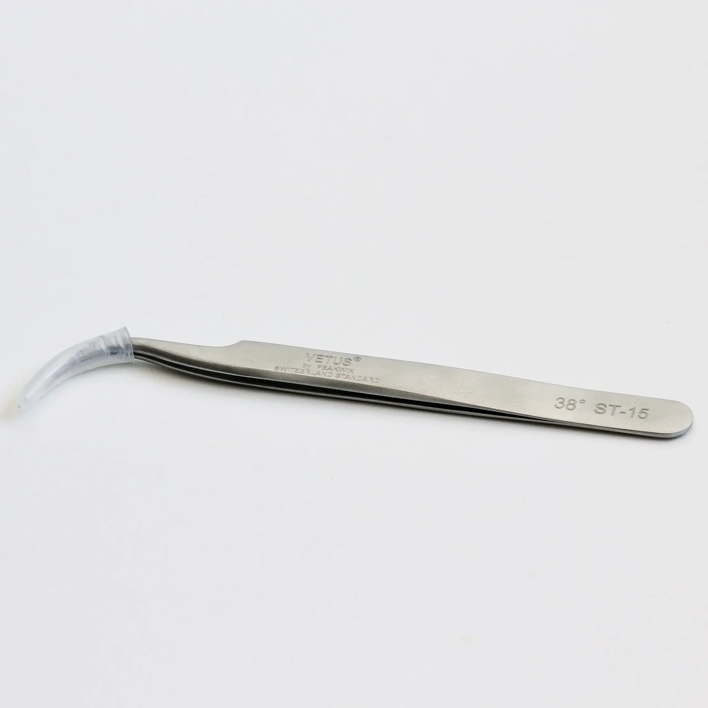 Stainless steel curved precision tweezer with protective tip, labeled 38° ST-15