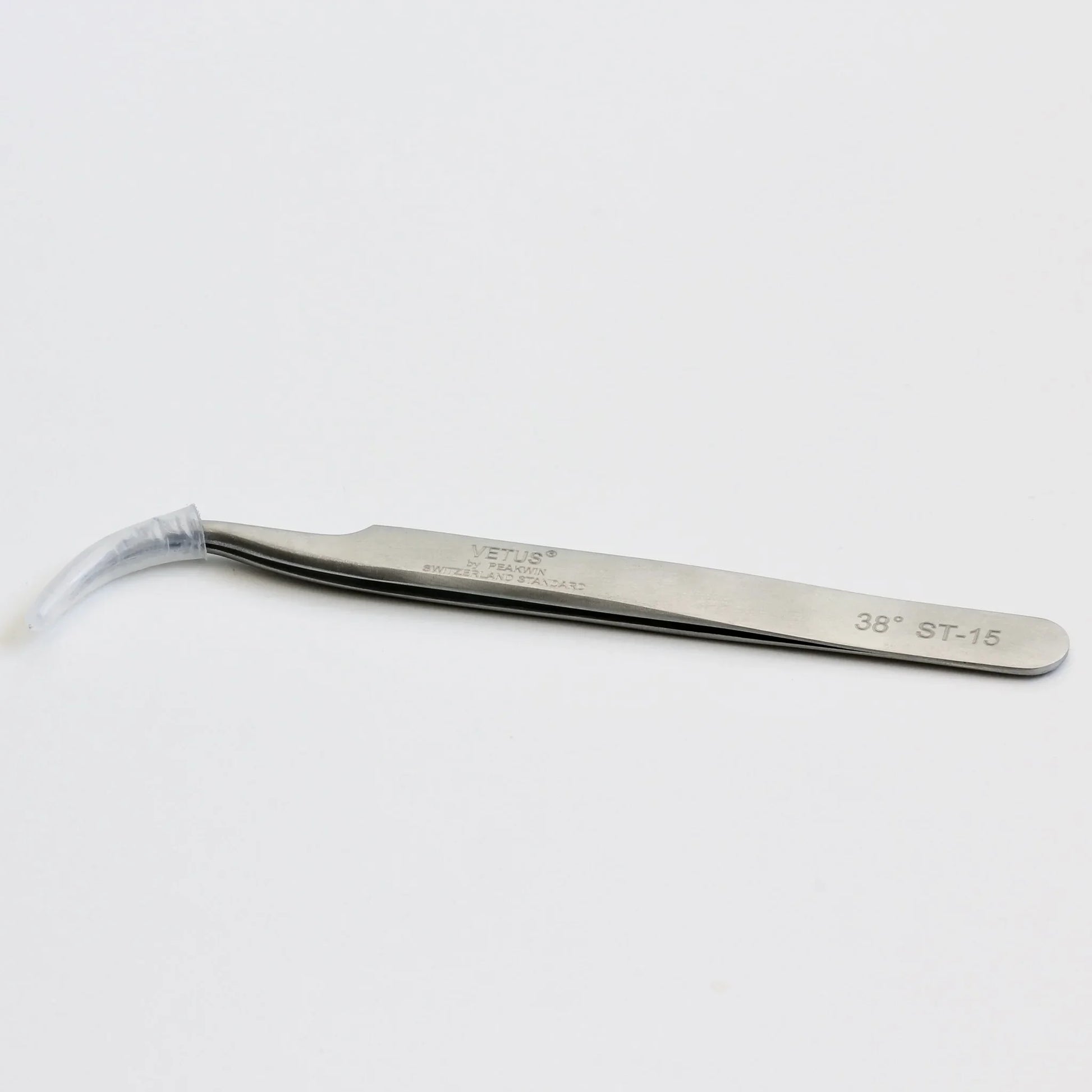 Stainless steel curved precision tweezer with protective tip, labeled 38° ST-15