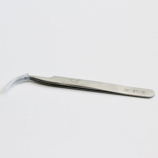 Stainless steel curved precision tweezer with protective tip, labeled 38° ST-15