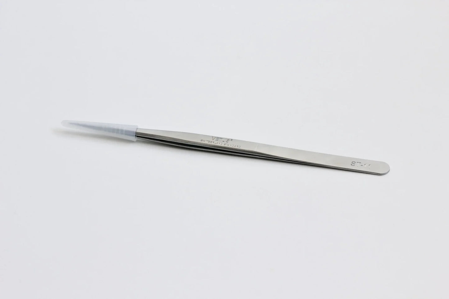 Stainless steel precision tweezers with plastic tip cover on white background
