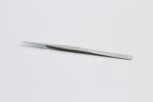 Stainless steel precision tweezers with plastic tip cover on white background