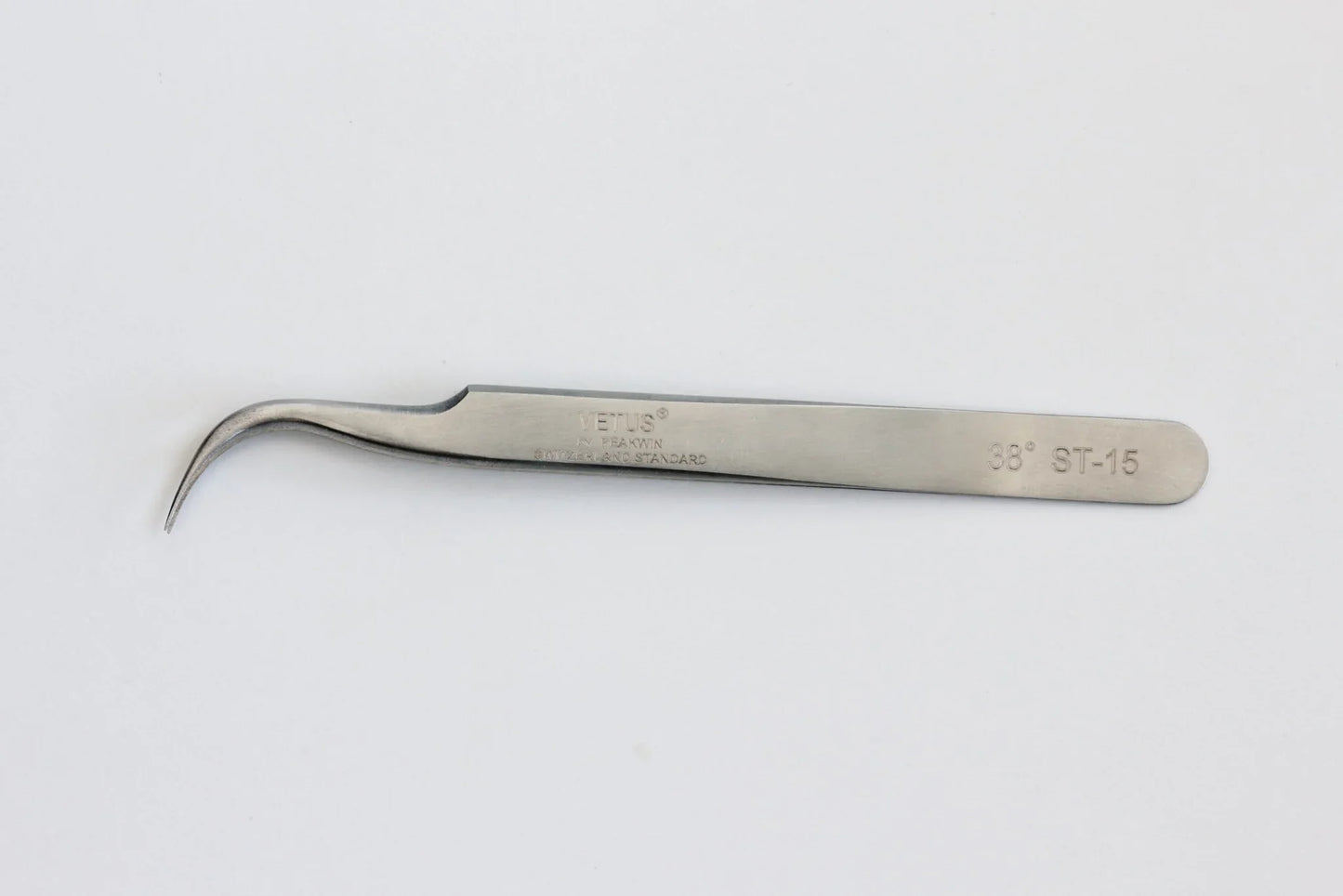 Stainless steel curved precision tweezer tool with 38° ST-15 marking on white background