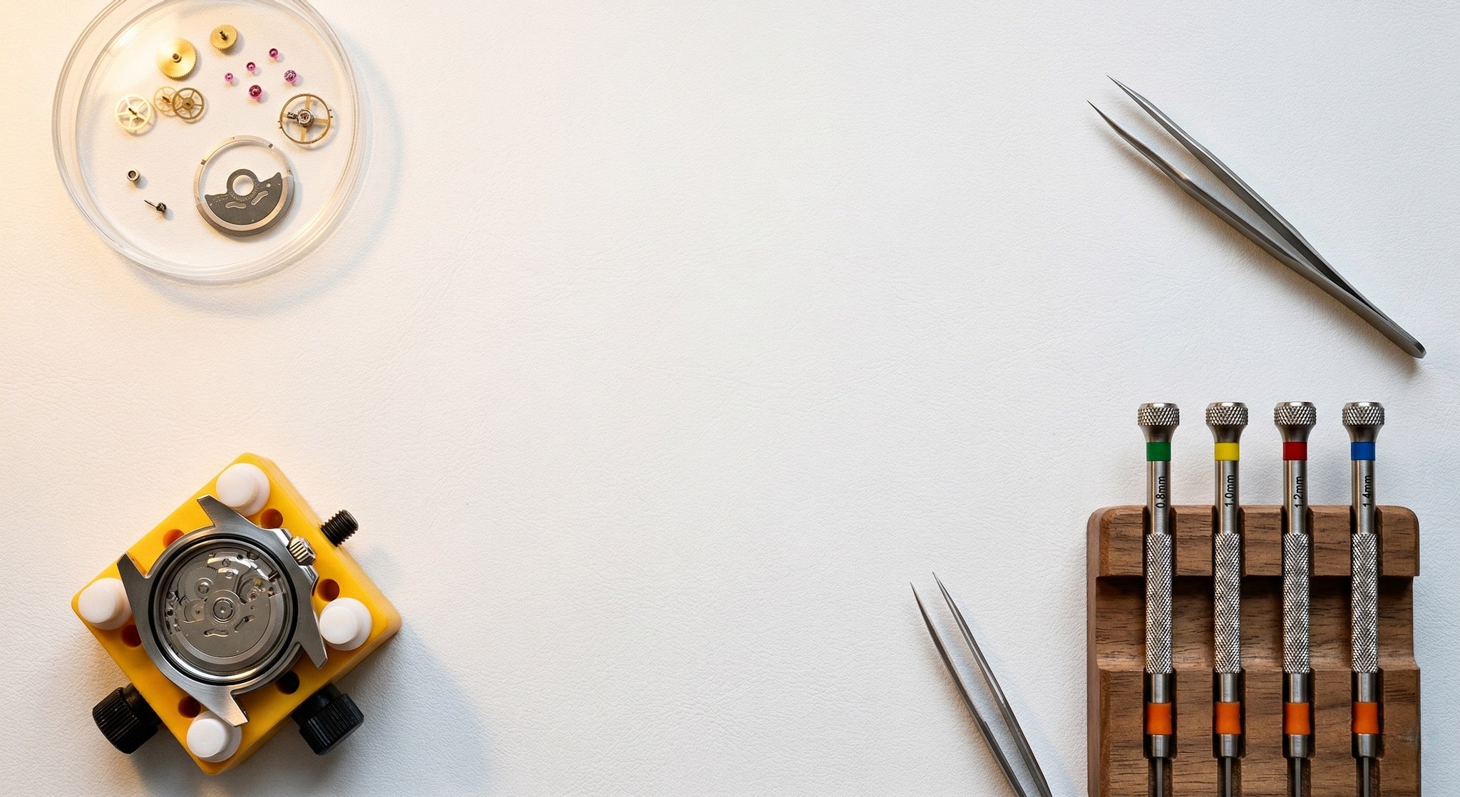 Watch repair tools and components on a white background